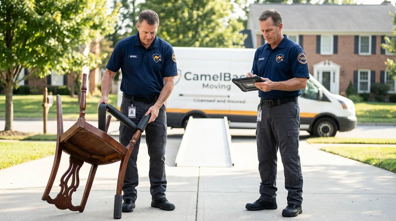 Movers inspecting furniture for damage prevention before loading in Tompkinsville, KY