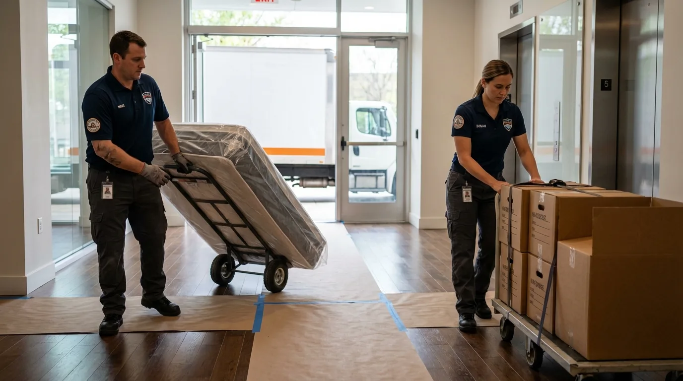 Professional apartment movers loading elevator in Tompkinsville, KY