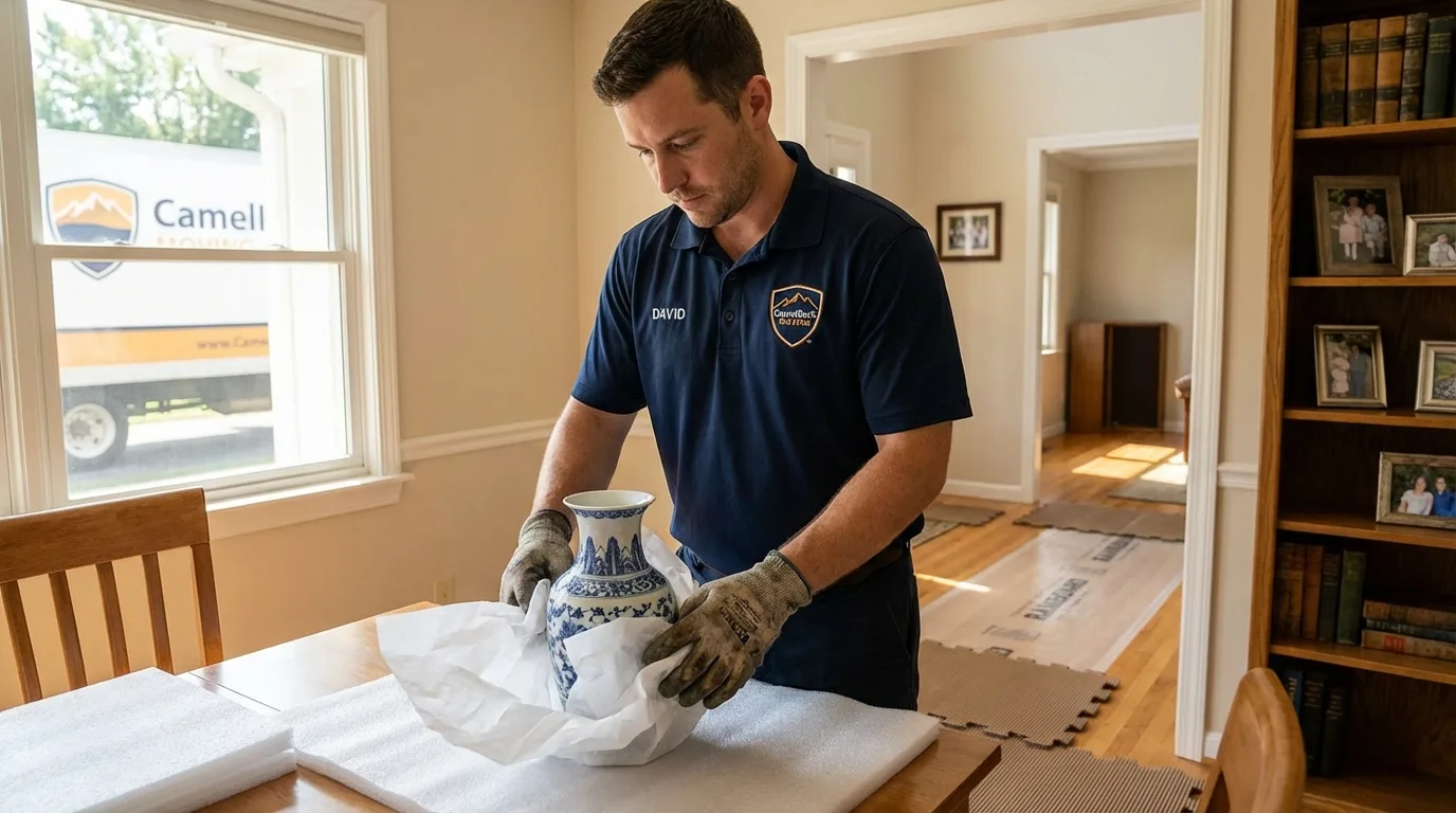 Professional crew carefully wrapping antique vase for senior downsizing move in Tompkinsville, KY